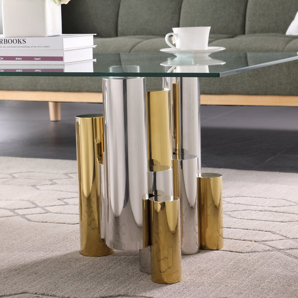English Elm Stainless Steel Framed Rectangular Glass Coffee Table Modern Living Room Center Piece W1567S00004