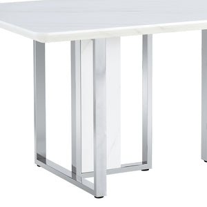 English Elm A Minimalist White Patterned Mdf Dining Table with Sleek Stainless Steel Base W1151S03652