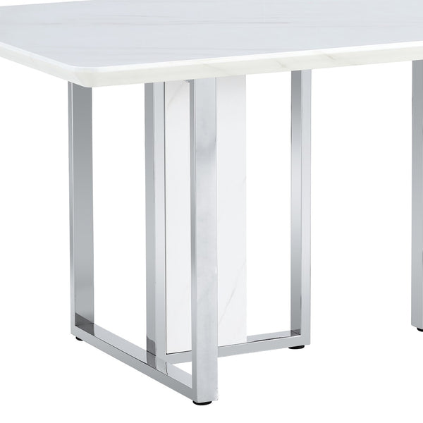 English Elm A Minimalist White Patterned Mdf Dining Table with Sleek Stainless Steel Base W1151S03652
