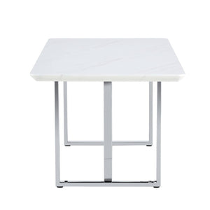 English Elm A Minimalist White Patterned Mdf Dining Table with Sleek Stainless Steel Base W1151S03652