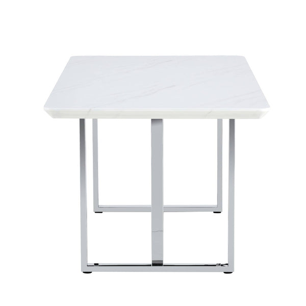 English Elm A Minimalist White Patterned Mdf Dining Table with Sleek Stainless Steel Base W1151S03652