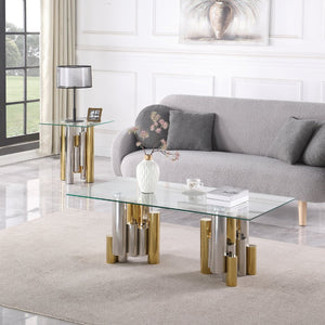English Elm Stainless Steel and Tempered Glass Square End Table for Modern Living Spaces W1567S00003