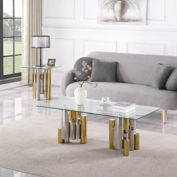 English Elm Stainless Steel and Tempered Glass Square End Table for Modern Living Spaces W1567S00003