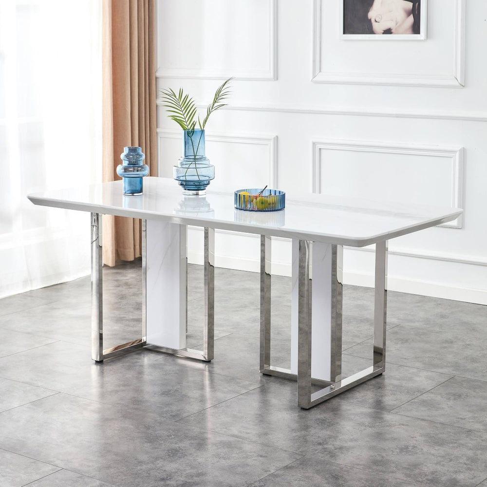 English Elm A Minimalist White Patterned Mdf Dining Table with Sleek Stainless Steel Base W1151S03652