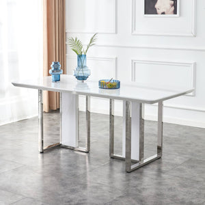 English Elm A Minimalist White Patterned Mdf Dining Table with Sleek Stainless Steel Base W1151S03652