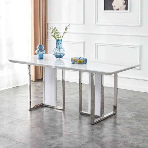 English Elm A Minimalist White Patterned Mdf Dining Table with Sleek Stainless Steel Base W1151S03652