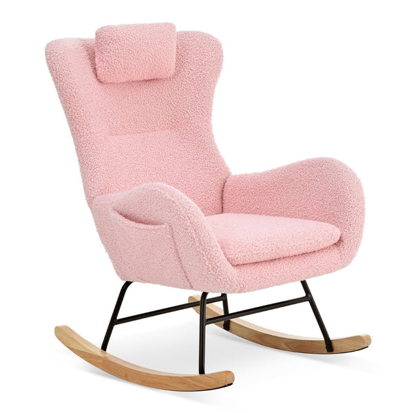 English Elm Rocking Glider Chair Teddy Upholstered High Back with Adjustable Headrest for Nursery W680127263