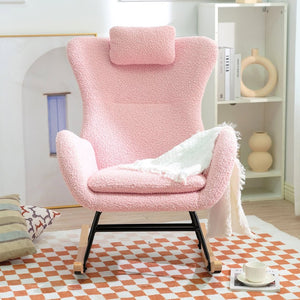 English Elm Rocking Glider Chair Teddy Upholstered High Back with Adjustable Headrest for Nursery W680127263
