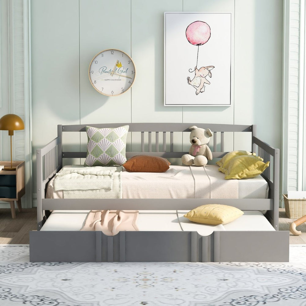 English Elm Full Size Pine Wood Daybed with Pull Out Twin Trundle for Guest or Living Room WF295131AAE