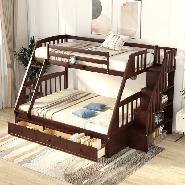English Elm Twin-over-full Bunk Bed with Storage Staircase Drawers and Pine Wood Frame Espresso LT000223AAP