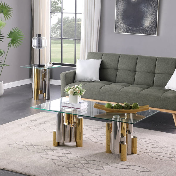 English Elm Stainless Steel Framed Rectangular Glass Coffee Table Modern Living Room Center Piece W1567S00004