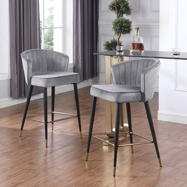English Elm Contemporary Velvet Channel Tufted Counterstool with Gold Tipped Metal Legs for Kitchen Bar Gray W156769751