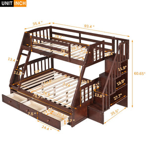 English Elm Twin-over-full Bunk Bed with Storage Staircase Drawers and Pine Wood Frame Espresso LT000223AAP
