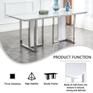 English Elm A Minimalist White Patterned Mdf Dining Table with Sleek Stainless Steel Base W1151S03652