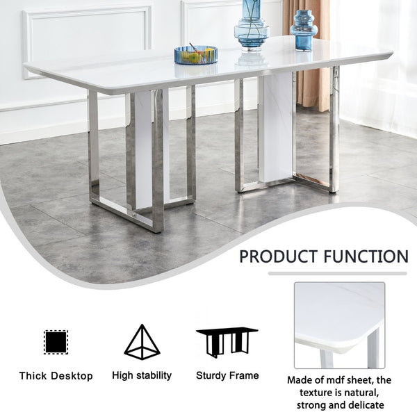 English Elm A Minimalist White Patterned Mdf Dining Table with Sleek Stainless Steel Base W1151S03652