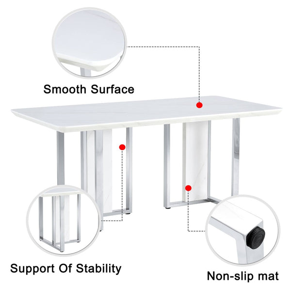 English Elm A Minimalist White Patterned Mdf Dining Table with Sleek Stainless Steel Base W1151S03652