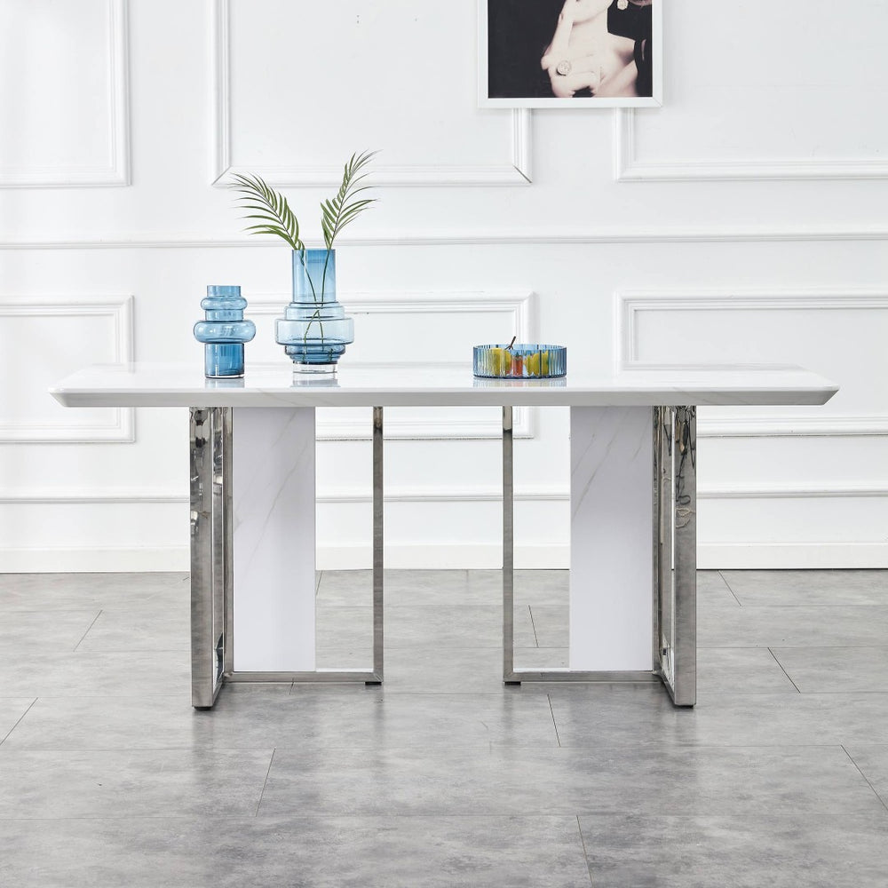 English Elm A Minimalist White Patterned Mdf Dining Table with Sleek Stainless Steel Base W1151S03652