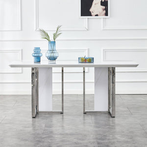 English Elm A Minimalist White Patterned Mdf Dining Table with Sleek Stainless Steel Base W1151S03652