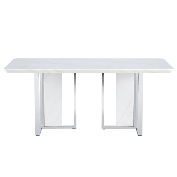 English Elm A Minimalist White Patterned Mdf Dining Table with Sleek Stainless Steel Base W1151S03652