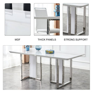 English Elm A Minimalist White Patterned Mdf Dining Table with Sleek Stainless Steel Base W1151S03652