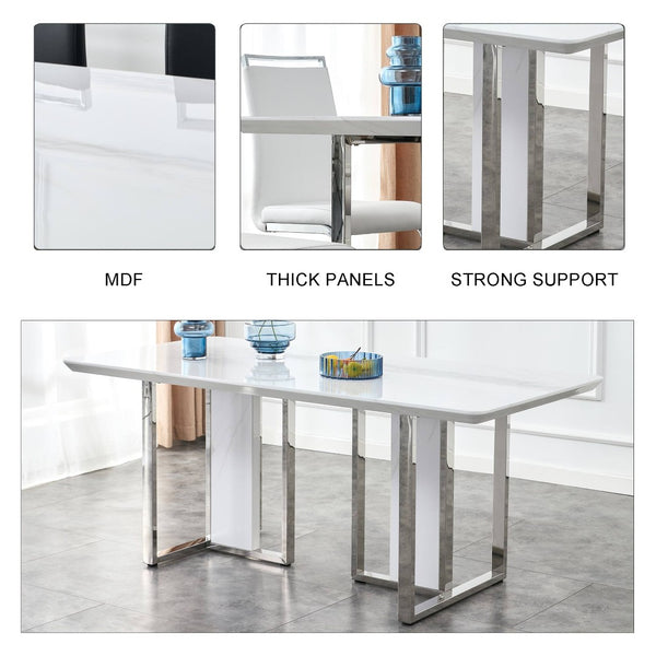 English Elm A Minimalist White Patterned Mdf Dining Table with Sleek Stainless Steel Base W1151S03652