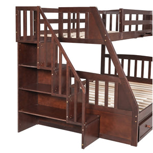 English Elm Twin-over-full Bunk Bed with Storage Staircase Drawers and Pine Wood Frame Espresso LT000223AAP