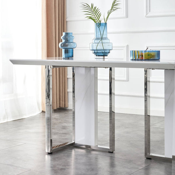 English Elm A Minimalist White Patterned Mdf Dining Table with Sleek Stainless Steel Base W1151S03652