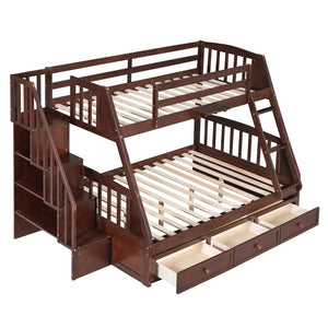English Elm Twin-over-full Bunk Bed with Storage Staircase Drawers and Pine Wood Frame Espresso LT000223AAP
