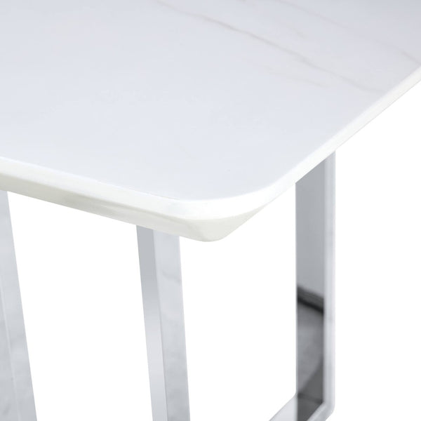 English Elm A Minimalist White Patterned Mdf Dining Table with Sleek Stainless Steel Base W1151S03652