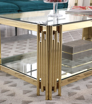 English Elm Woker Square Tempered Glass End Table Golden Steel Frame Modern Living Room Accent W156769754
