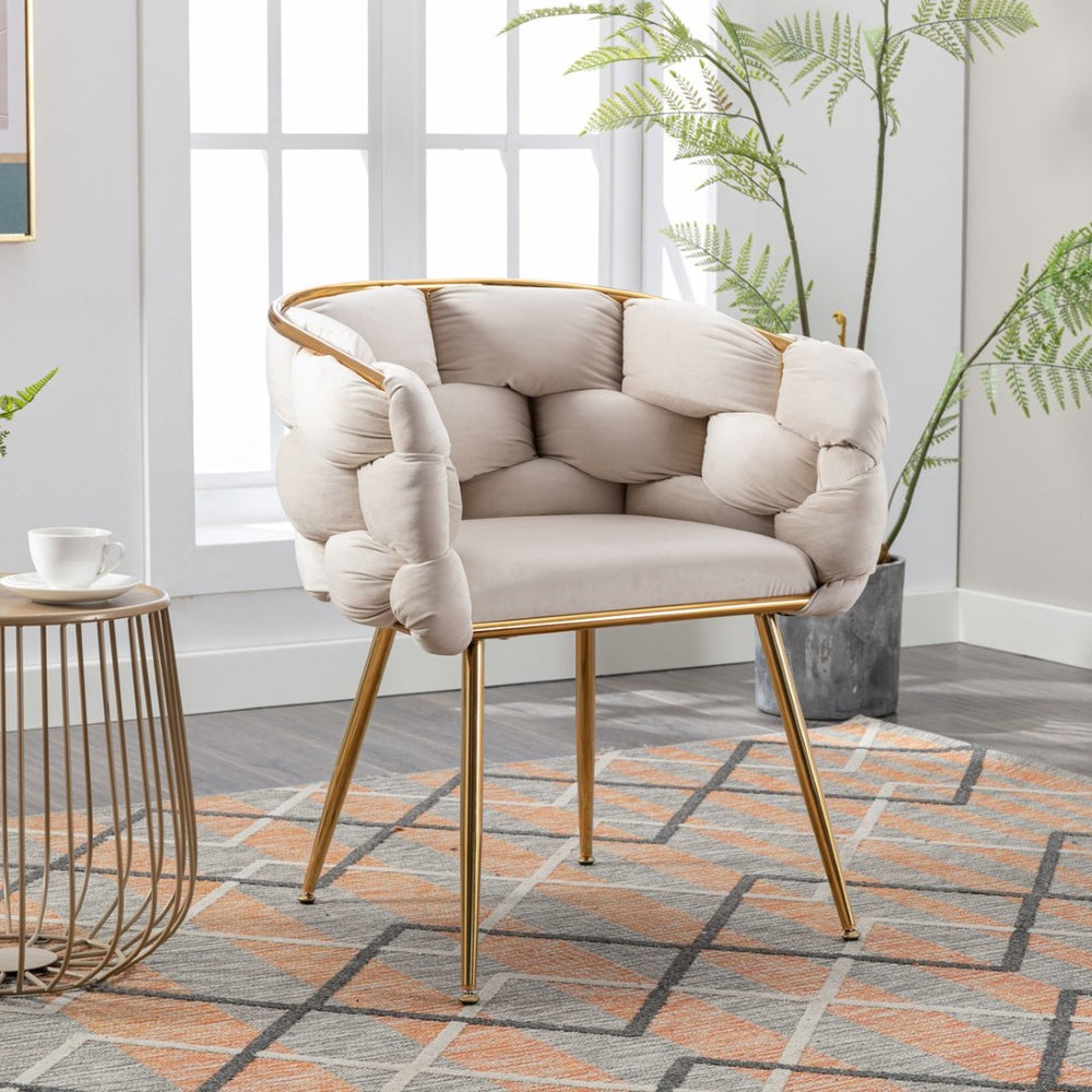 English Elm Luxury Velvet Accent Chair Sculptural Curved Seat for Bedroom Vanity or Sitting Area Beige W117067862