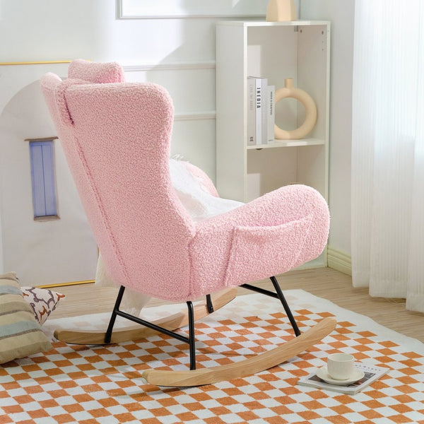 English Elm Rocking Glider Chair Teddy Upholstered High Back with Adjustable Headrest for Nursery W680127263