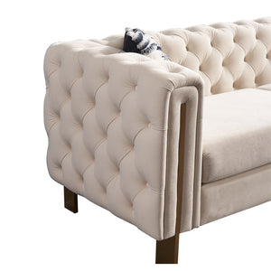 English Elm Chesterfield Tufted Velvet Sofa with Gold Legs, Modern 3-Seater Couch for Living Room, Cream W57964660