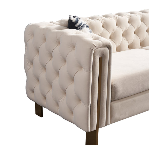 English Elm Chesterfield Tufted Velvet Sofa with Gold Legs, Modern 3-Seater Couch for Living Room, Cream W57964660