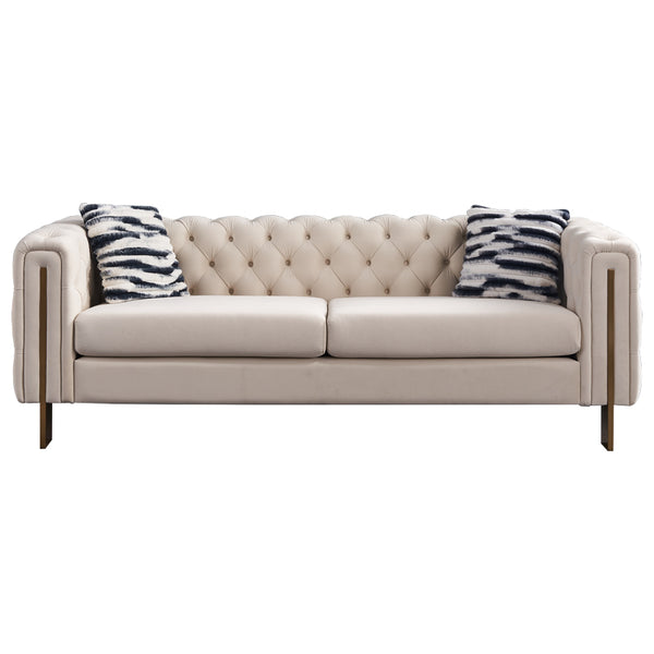 English Elm Chesterfield Tufted Velvet Sofa with Gold Legs, Modern 3-Seater Couch for Living Room, Cream W57964660