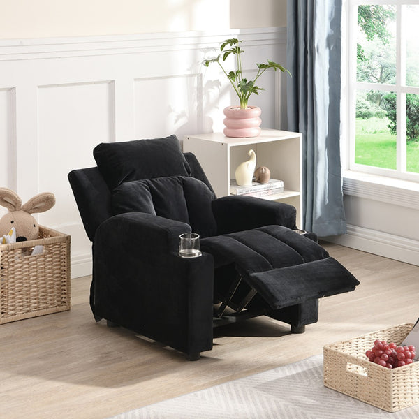 English Elm Kids Velvet Recliner with Headrest Footrest and Cup Holders for Playroom Lounging W31171306