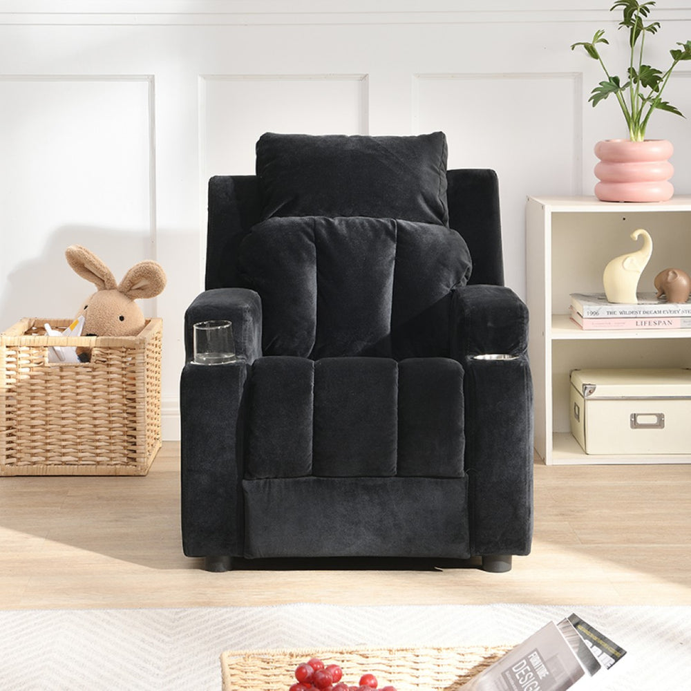 English Elm Kids Velvet Recliner with Headrest Footrest and Cup Holders for Playroom Lounging W31171306