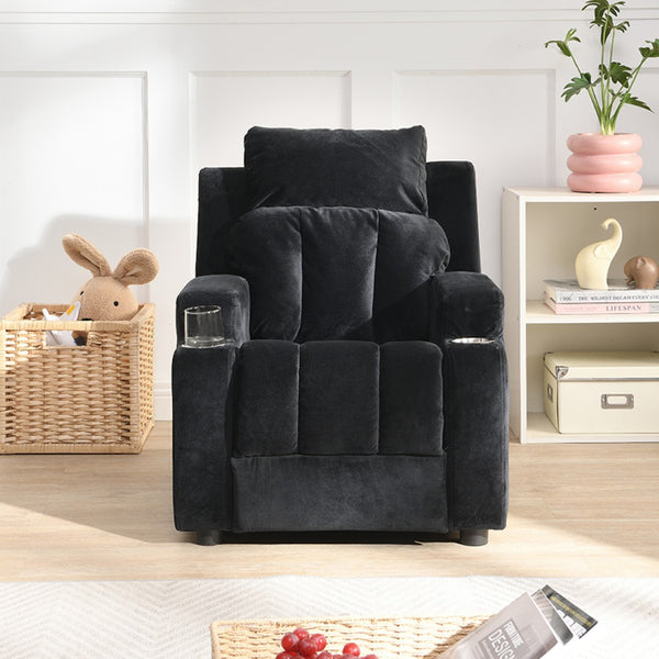 English Elm Kids Velvet Recliner with Headrest Footrest and Cup Holders for Playroom Lounging W31171306