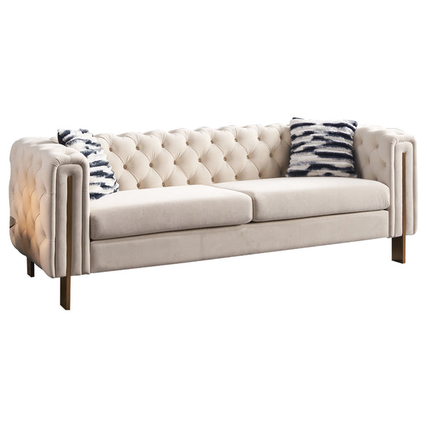 English Elm Chesterfield Tufted Velvet Sofa with Gold Legs, Modern 3-Seater Couch for Living Room, Cream W57964660
