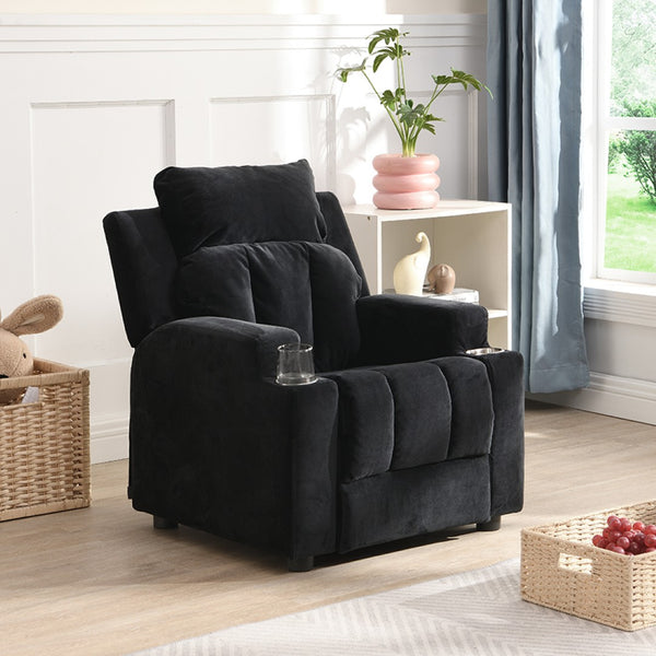English Elm Kids Velvet Recliner with Headrest Footrest and Cup Holders for Playroom Lounging W31171306
