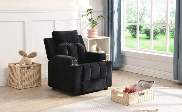English Elm Kids Velvet Recliner with Headrest Footrest and Cup Holders for Playroom Lounging W31171306