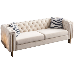 English Elm Chesterfield Tufted Velvet Sofa with Gold Legs, Modern 3-Seater Couch for Living Room, Cream W57964660