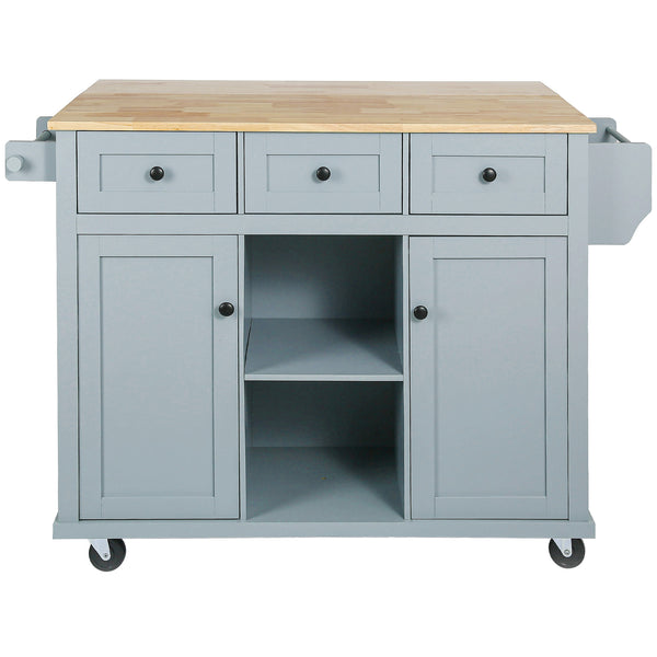 English Elm Kitchen Cart with Drop-Leaf Rubberwood Countertop, Rolling Island with Cabinet, Drawers & Racks for Dining Room - Stylish Durable Storage Solution Blue WF298028AAN