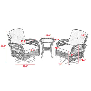 English Elm 3 Outdoor Swivel Rocker Patio Chairs Set with 360° Spin, Rocking Comfort, Tempered Glass Table, Durable Steel Frame and Plush Cushions Grey W640P263665