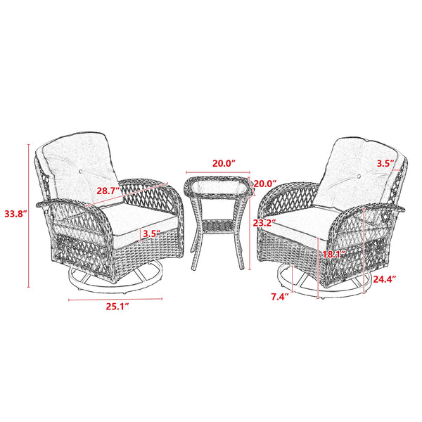 English Elm 3 Outdoor Swivel Rocker Patio Chairs Set with 360° Spin, Rocking Comfort, Tempered Glass Table, Durable Steel Frame and Plush Cushions Grey W640P263665