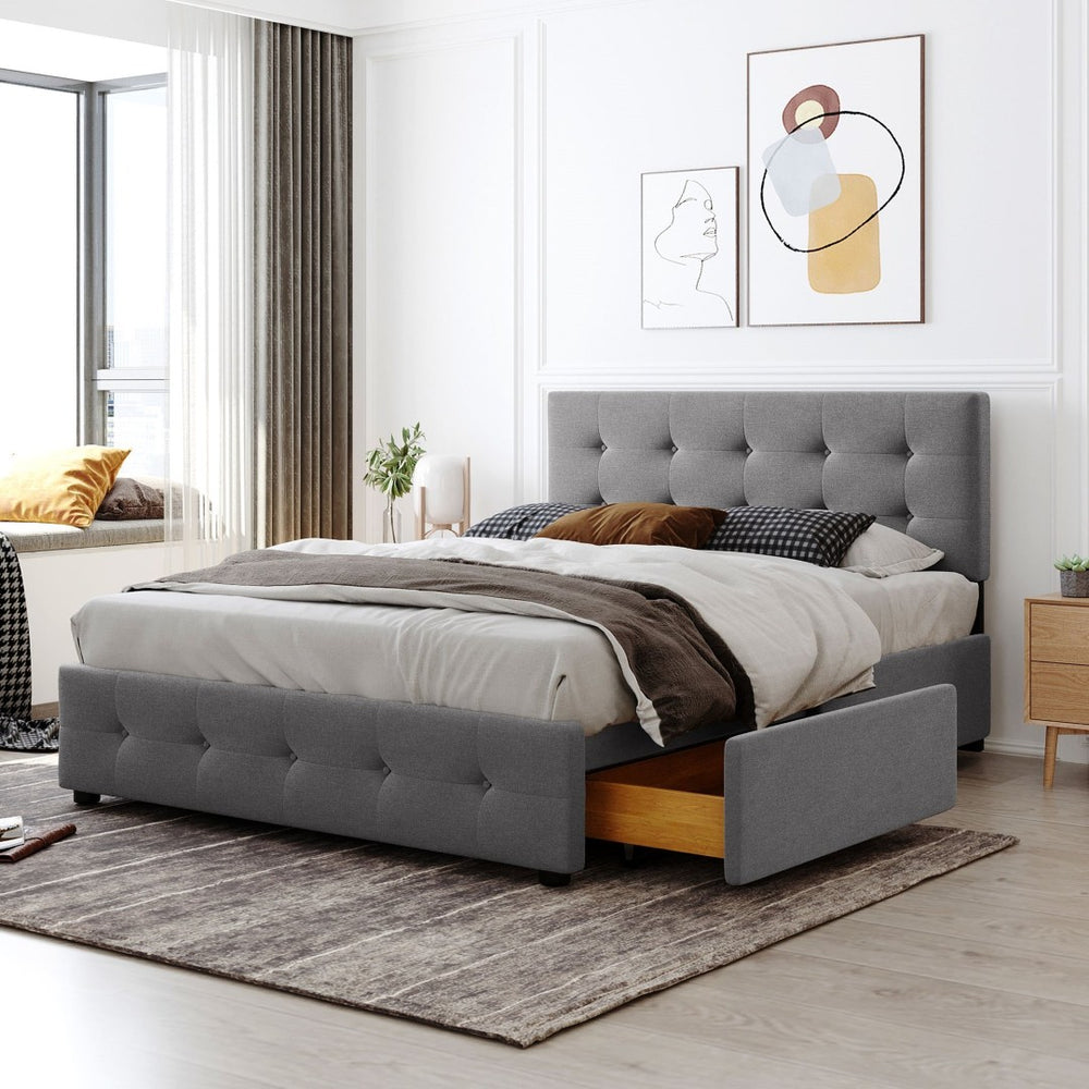 English Elm Upholstered Queen Storage Bed Tufted Linen Headboard Four Drawers No Box Spring LP100114AAN