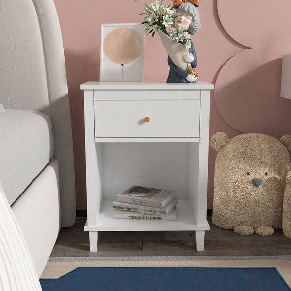 English Elm 26.77''H Modern Wooden Nightstand with Drawer and Open Shelf, Sturdy MDF Build, Tip-Restraint Included White 25.42 L x 19.08 W x 6.33 H W80859138