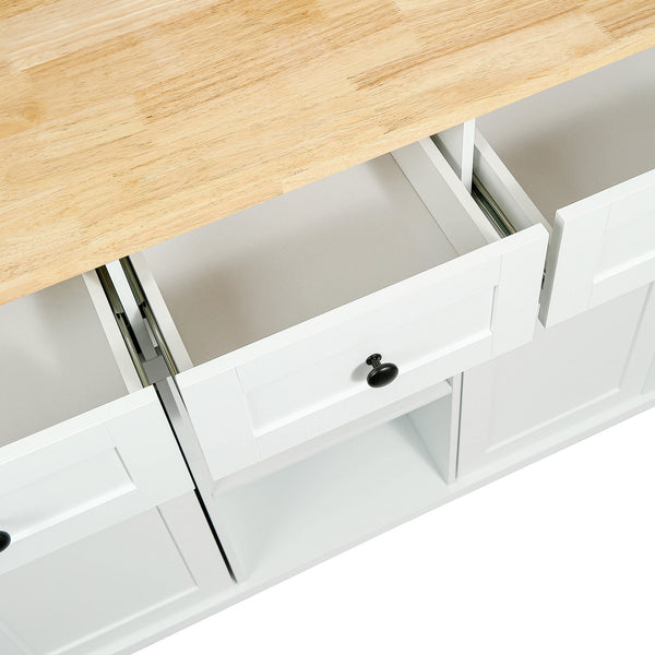 English Elm Kitchen Cart with Drop-Leaf Rubberwood Countertop, Rolling Island with Cabinet, Drawers & Racks for Dining Room - Stylish Durable Storage Solution White WF298028AAW