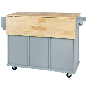 English Elm Kitchen Cart with Drop-Leaf Rubberwood Countertop, Rolling Island with Cabinet, Drawers & Racks for Dining Room - Stylish Durable Storage Solution Blue WF298028AAN