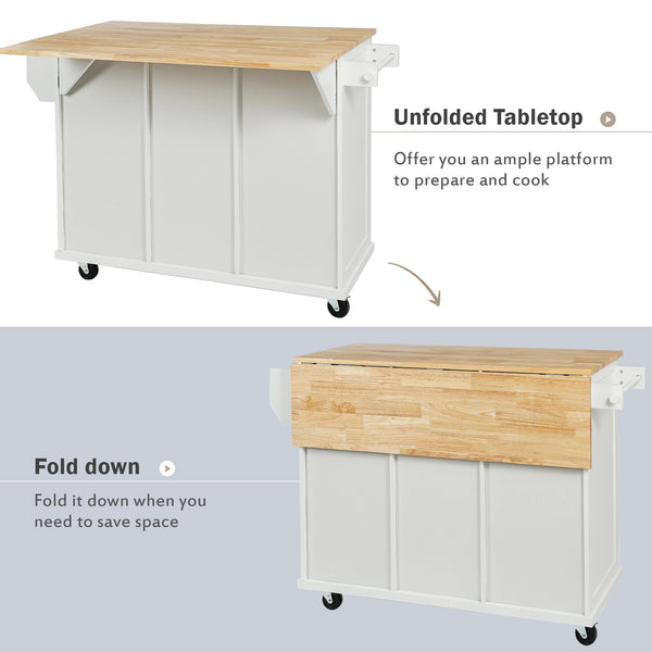 English Elm Kitchen Cart with Drop-Leaf Rubberwood Countertop, Rolling Island with Cabinet, Drawers & Racks for Dining Room - Stylish Durable Storage Solution White WF298028AAW